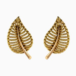 French 18 Karat Yellow Gold Leaf Shaped Clip Earrings, 1980s, Set of 2