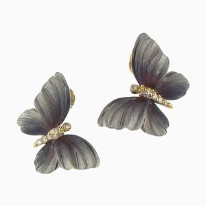 Boucles d'Oreilles Butterfly Style Art Nouveau en Or et Diamant, Set de 2