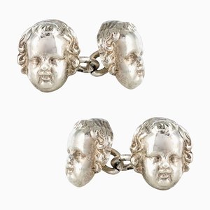 French 19th Century Sterling Silver Cherub Cufflinks, Set of 2