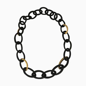 African Ebony Gold Leaf Oval Mesh Long Necklace