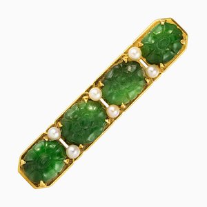 French Jade, Cultured Pearls and 18 Karat Yellow Gold Brooch, 1930s