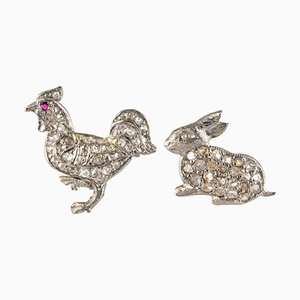 20th Century Rabbit and Rooster Diamonds Stud Earrings, Set of 2