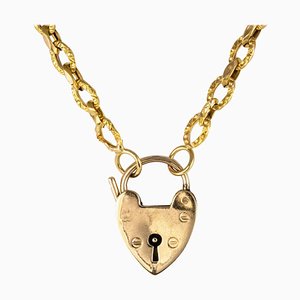 19th Century 18 Karat Yellow Gold Chiseled Chain and Heart-Shaped Padlock Necklace