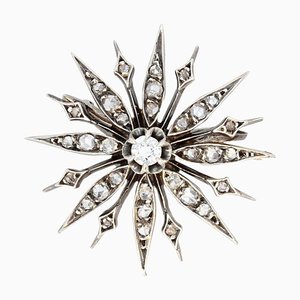 French 19th Century Diamonds and 18 Karat Yellow Gold Silver Snowflake Brooch