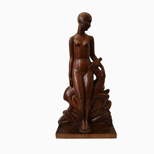 Art Deco Diane Wood Carving Sculpture by Genevieve Granger, France, 1930s