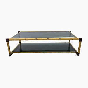 Large Italian Bamboo, Leather & Smoked Glass Coffee Table, 1960s