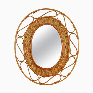 Mid-Century French Oval Rattan and Wicker Wall Mirror, 1950s