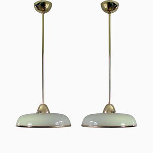 Art Deco Deutsche Bauhaus Opalglas & Messing Hängelampen, 2er Set