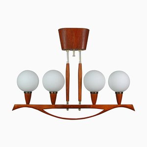 Mid-Century Swedish Modern Teak and Satin Glass Chandelier, 1960s