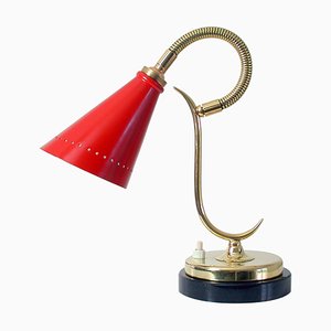 Lámpara de mesa cuello de ganso francés Mid-Century de mármol rojo y latón, años 50
