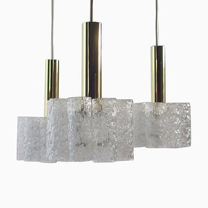 German Cascading Textured Glass and Brass Chandelier from Doria