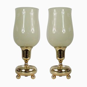 German Bauhaus Brass and Opal Torchiere Table Lamps, 1930s, Set of 2