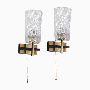 Mid-Century French Brass & Textured Glass Sconces from Maison Arlus, 1950s, Set of 2