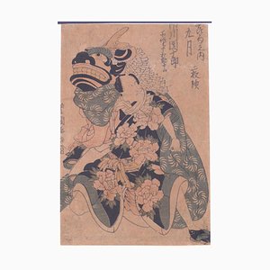 Stampa Utagawa Toyokuni I, uomo con dragone, stampa originale, XIX secolo