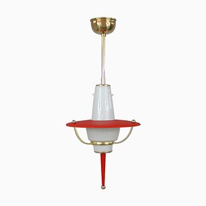 Italian Red Lantern in Milk Glass & Brass, 1950s