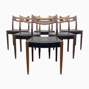 Teak and Black Leatherette Chairs, 1950s, Set of 6