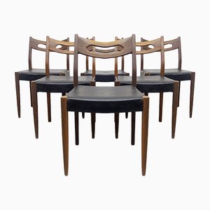 Teak and Black Leatherette Chairs, 1950s, Set of 6