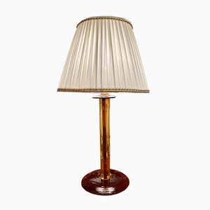 Venetian Amber-Colored Blown Murano Glass Table Lamp with White Silk Shade, 1950s