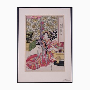 Stampa Utokawa Toyokuni II - Il rituale del tè giapponese - Stampa originale raffigurante xilografia - metà XIX secolo