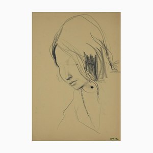 Leo Guida - Portrait einer Frau - Original Kohlezeichnung - 1970er Jahre