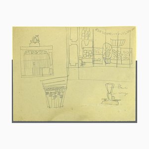 Interior of Grocery Store - Original French Pencil Drawing - Mid-20th Century