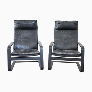Black Leather Lounge Chairs, 1970s, Set of 2