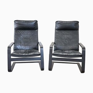 Set of Black Leather Lounge Chairs, 1970s