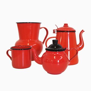 Orange and Black Enamelled Metal Jug & Teapot Set, 1950s, Set of 4