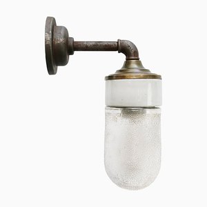 Vintage Frosted Glass & Brass Sconce with Cast Iron Arm
