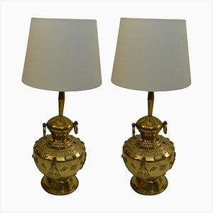 Large Brass and Gemstone Buddha Table Lamps, Set of 2