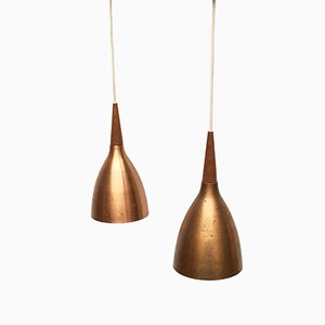 Mid-Century Teak & Copper Pendant Lamps, Set of 2