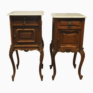 French Oak His & Hers Bedside Cabinets with White Marble Top, 19th Century, Set of 2