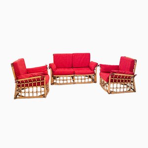 Sofá y sillones de bambú, años 70. Juego de 3