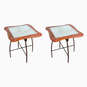 Wooden Garden Tables with Frosted Glass Tops, 1960s, Set of 2