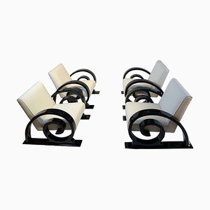 Art Deco Club Chairs in Black Piano Lacquer and Cream-White Fabric, France, 1930s, Set of 2