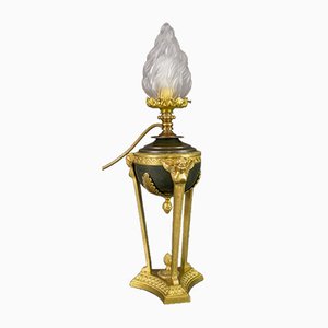 Lampada da tavolo in stile Impero in bronzo e vetro a forma di fiamma, anni '20