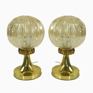 Vintage Amber Glass Ball Bedside Lamps on Tulip Stand, 1960s, Set of 2