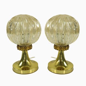 Vintage Amber Glass Ball Bedside Lamps on Tulip Stand, 1960s, Set of 2