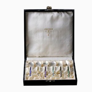 Silver Spoons with Enamel in a Gift Case, Set of 6