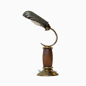 Lámpara de mesa francesa Art Déco de latón y roble, años 30