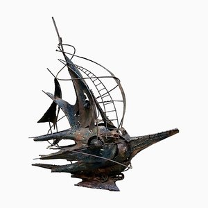 Segelboot Futurist, Kupfer Skulptur, A. Di Giovanni, Italien, 1950er