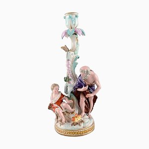 Antique Winter Candlestick in Hand-Painted Porcelain from Meissen, 19th-Century