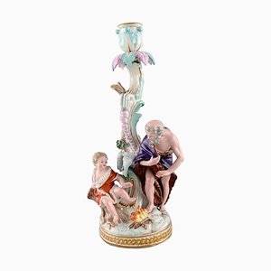 Bougeoir d'Hiver Antique en Porcelaine Peinte à la Main de Meissen, 19ème Siècle