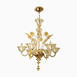 Lámpara de araña veneciana grande de cristal de Murano dorado de Barovier, años 50
