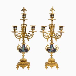 19th Century Bronze and Cloisonne Candelabras, Set of 2