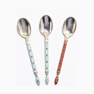 Set Silver Spoons with Multi-Colored Enamel in a Gift Case