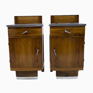 Art Deco Gray Marble Graphite and Walnut Nightstands, 1920s, Set of 2