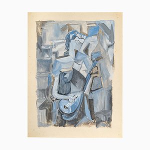 Mujer con mandolina, siglo XX, óleo sobre papel