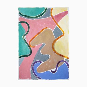 Lebendige Farben geschichteter geschwungener Formen, abstraktes Gemälde in warmen Farbtönen, Rosa, 2021