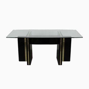 Vintage Hollywood Regency Black Lacquered Dining Table with Gold Trim and Glass Top